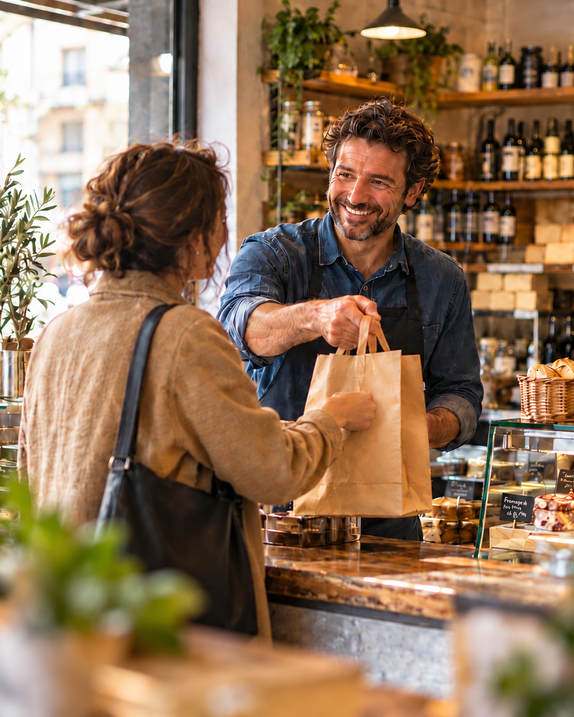 Un commerçant remet un sac à sa cliente dans une boutique de quartier.